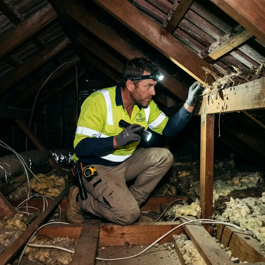 Technician inspecting a roof cavity for a dead animal in Bell Park