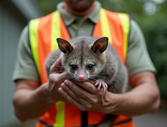 Animal handler safely recovering a deceased possum in Bell Park