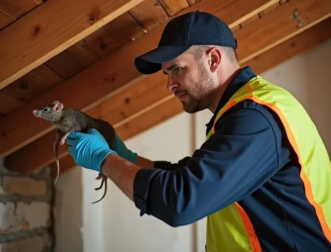 Technician inspecting a roof cavity for a dead rat in Bell Park